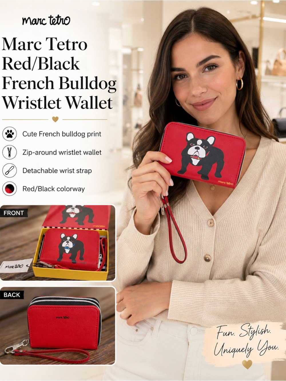 Marc Tetro Red/Black French Bulldog Wristlet Wallet